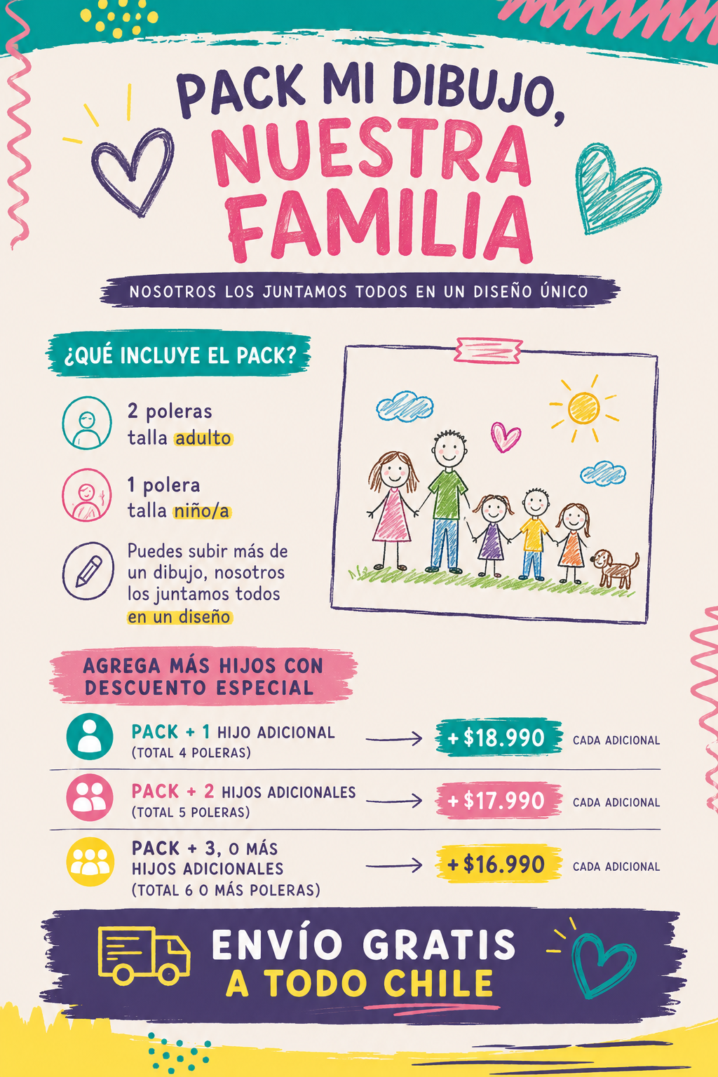 ❤️ Pack mi dibujo, nuestra familia (3 Poleras Personalizadas + Envío Gratis a todo Chile)
